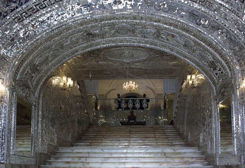 Wonderful Mirrored Porch in Golestan Palace’s Almas Mansion, one of  7 amazing Historical Palaces and Mansions near the Espinas Persian Gulf Hotel Tehran